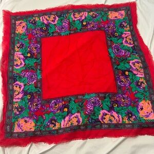 Vintage Challis By Berkshire Scarf Red Floral Fringe